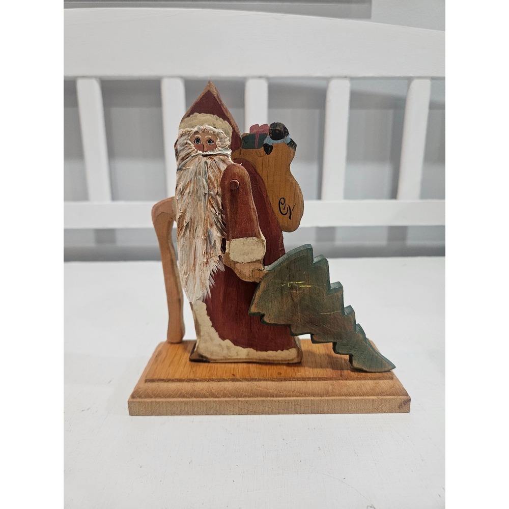 Vintage Handcrafted Wooden Articulated Folk Art Santa Claus Shelf Sitter 7"x6.5"